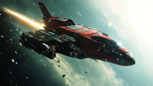 Red assault starship cuts through dense asteroid field.