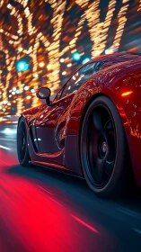Low-angle red sports coupe under bokeh lights with dynamic motion blur