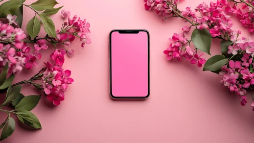 Smartphone with Blank Display Centered Among Blooming Magenta Bougainvillea Branches and Green Folia