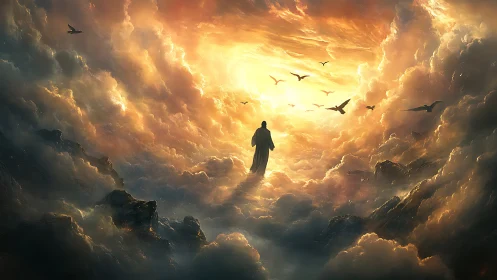 Silhouetted figure within luminous cloudscape and birds.