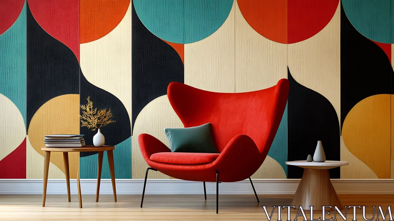Midcentury lounge chair against bold geometric mural wall