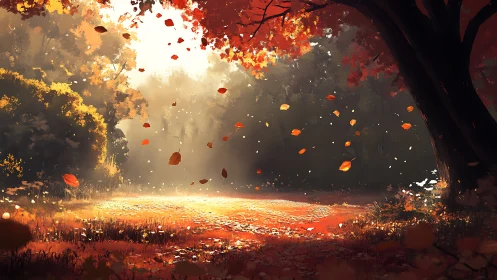 Autumn Forest Glow: Luminous Clearing with Falling Leaves
