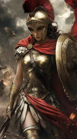 Armored warrior in bronze panoply under stormy battlefield sky