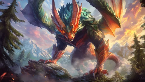 Winged dragon stands on rocky outcrop in alpine valley