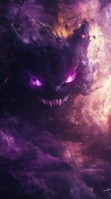 Demonic nebula feline emerges with luminous amethyst gaze