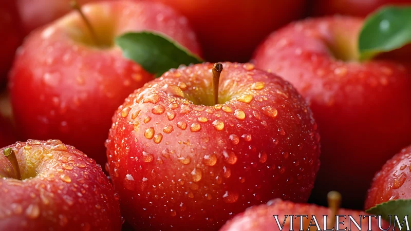 Close-up of red apples with water droplets in focus.