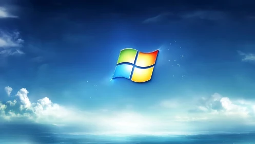 Photorealistic skyscape with suspended glossy quad-panel logo.