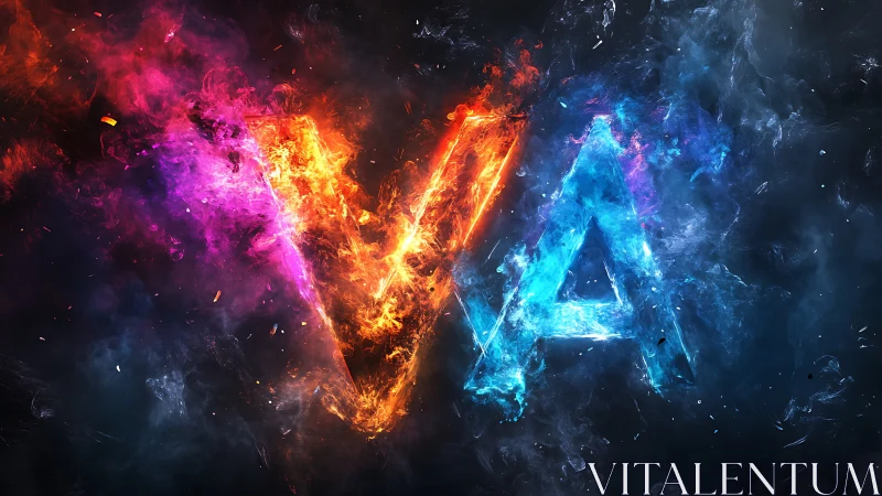 Bifurcated VA letterforms rendered in opposing fire and ice