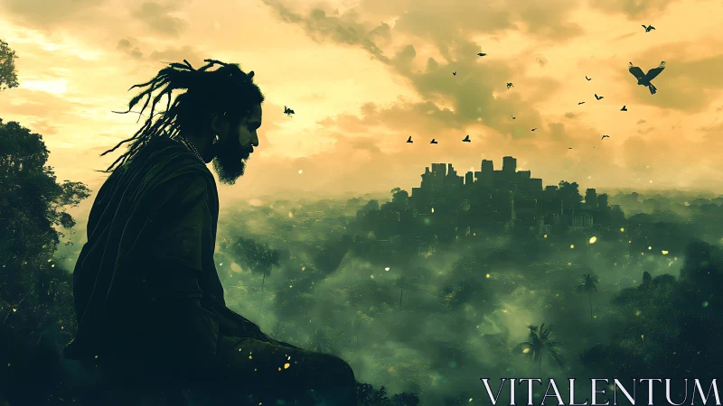 Solitary silhouette surveying mist city under golden sky.