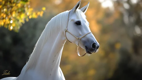 Graceful white horse glowing in soft golden evening light.