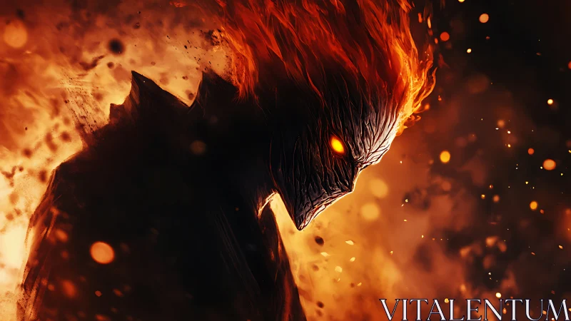 Silhouetted fiery humanoid figure with molten textured head.