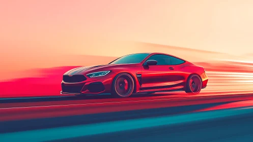 Aerodynamic red sports coupe gliding through neon sunset highway.