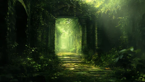 Sunlit stone corridor in overgrown jungle ruin. Period.