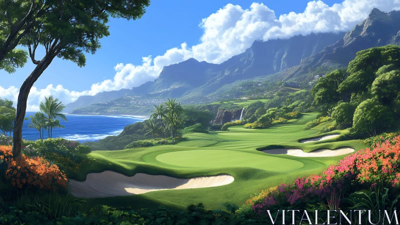 Tropical oceanfront golf course under dramatic mountain range