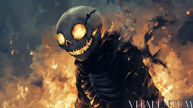 Flaming skeletal figure with cracked skull stands amid fire
