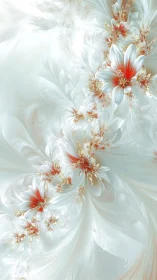 Fractal white lilies with coral centers on flowing silk field.