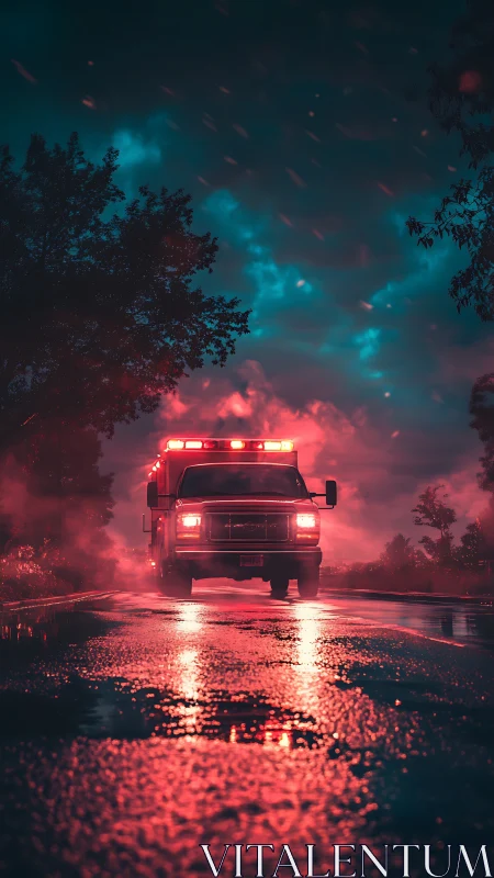 Emergency vehicle on rural road at dusk.