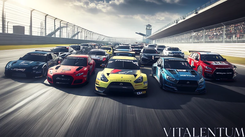 Close grid of colorful touring race cars on fast circuit.