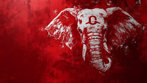 High-contrast white elephant head rendered on distressed red field