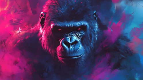 Neon lit gorilla head dominates vibrant abstract mist