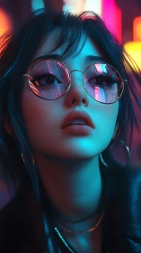 Cyberpunk girl in neon city with reflective glasses.