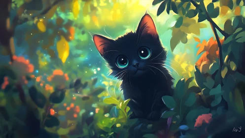 Luminous Whispers: Black Cat's Enchanted Garden Reverie