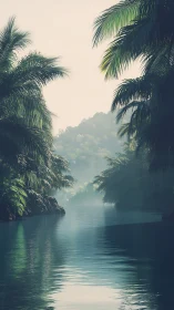 Tropical river corridor with palm trees under hazy daylight