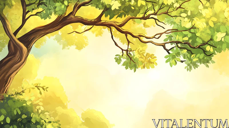 Sunlit canopy branches over warm glowing forest sky.