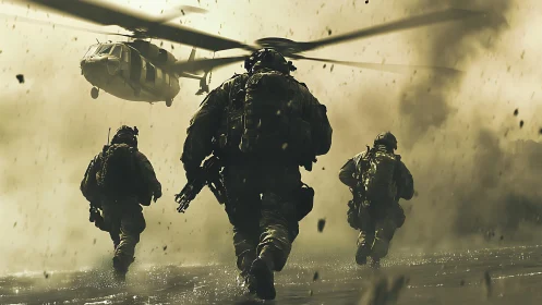 Armed soldiers advancing under helicopter in dusty zone.
