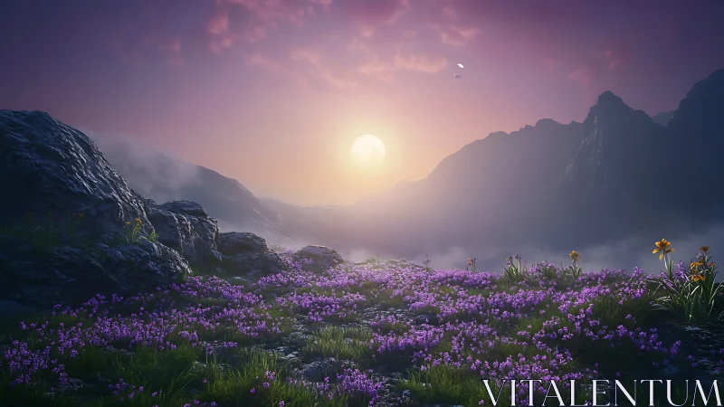 Lunar backlit alpine meadow renders atmospheric depth precisely