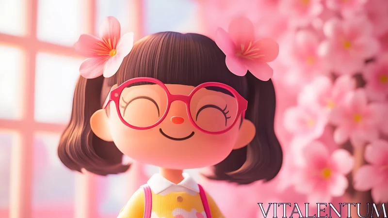 Smiling chibi girl with cherry blossoms in soft focus.