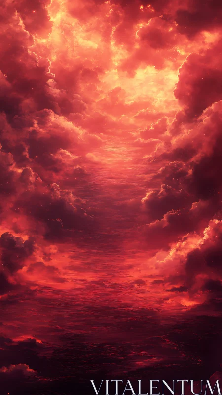 Digital painting of fiery cloud corridor above crimson sea.