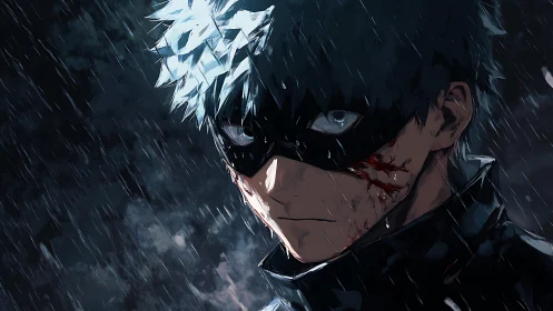 Brooding masked hero in rain, wounded yet unbroken gaze.