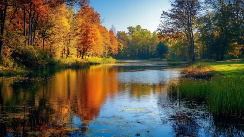 Autumn hardwood forest reflected in calm freshwater lake at noon