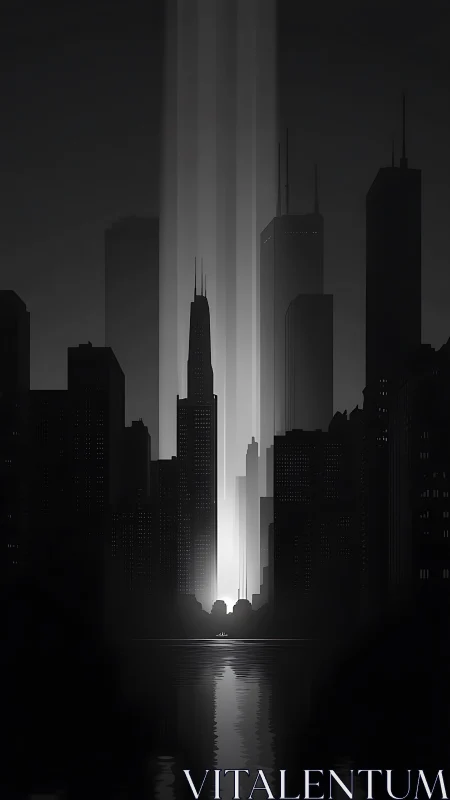 Noir vertical cityscape with central light beams over water
