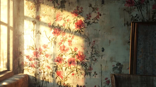 Soft morning light warms faded floral wallpaper in silence