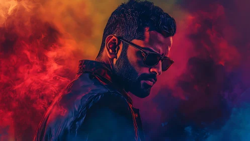 Man in sunglasses framed by vivid colored smoke lighting