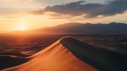 Sunlit dune spine slices softly through an ember desert