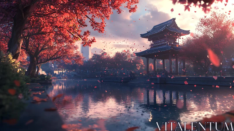 Autumn pavilion reflects in tranquil canal under falling petals.