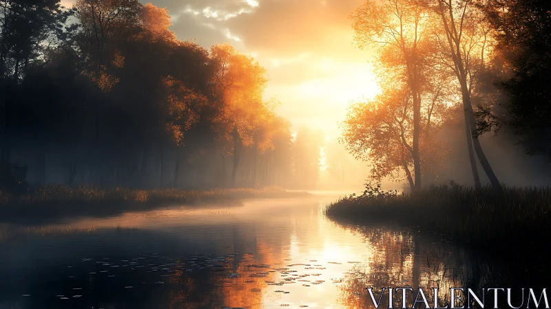 Golden sunrise gently warms a tranquil forest river bend