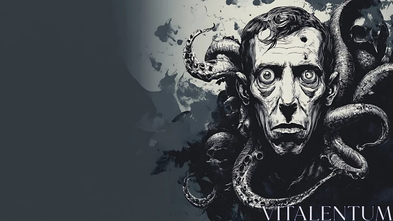 Monochrome horror portrait with tentacled surreal infestation.