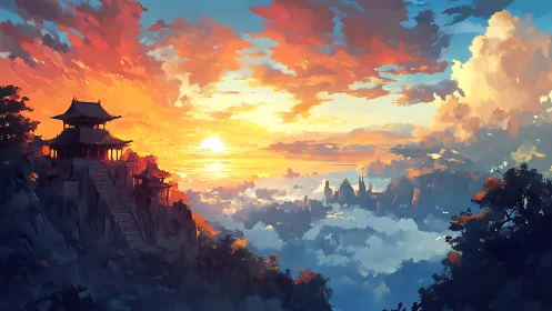 Mountain temple above clouds facing distant valley city.