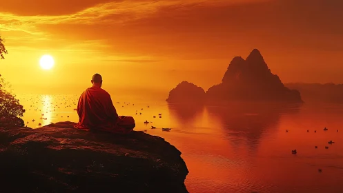 Monk in crimson robes meditating over luminous sunset bay.