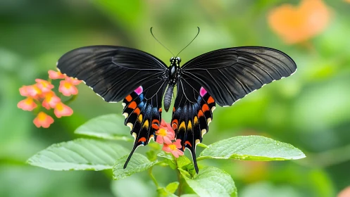 Black butterfly rests on green leaves with spread wings