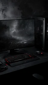 Dark gaming battlestation glows with red backlit hardware.