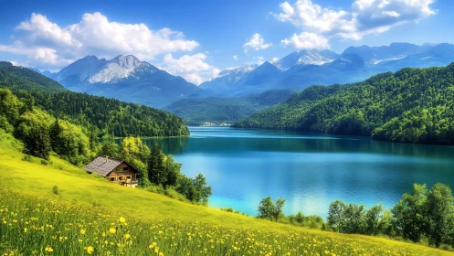 Lakeside chalet nestles beneath vivid alpine summer mountains.