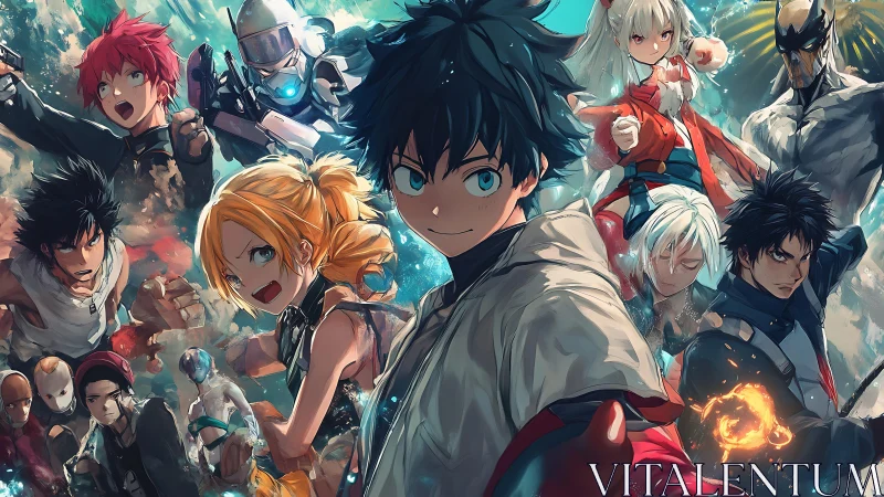 Dynamic anime hero ensemble under explosive, painterly lighting