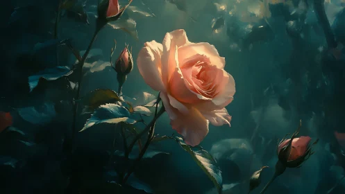 Peachy rose bathed in golden light amid teal foliage