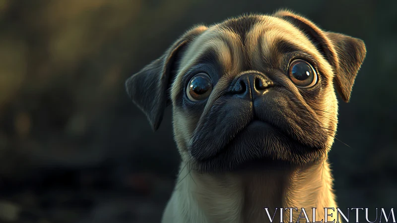 Digital close-up render of a wide-eyed pug dog portrait.