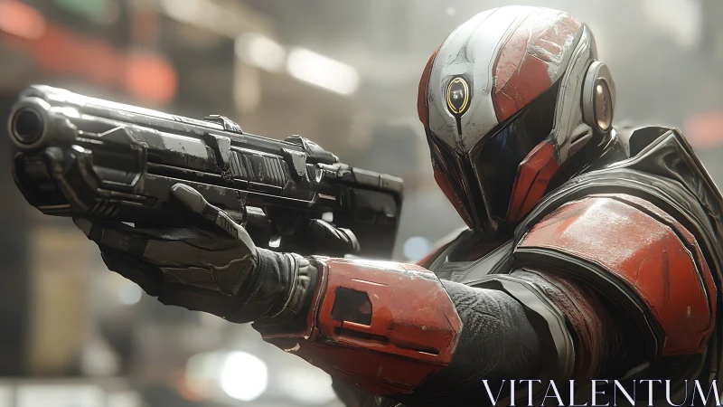 Armored sci fi guardian taking careful aim in neon haze.